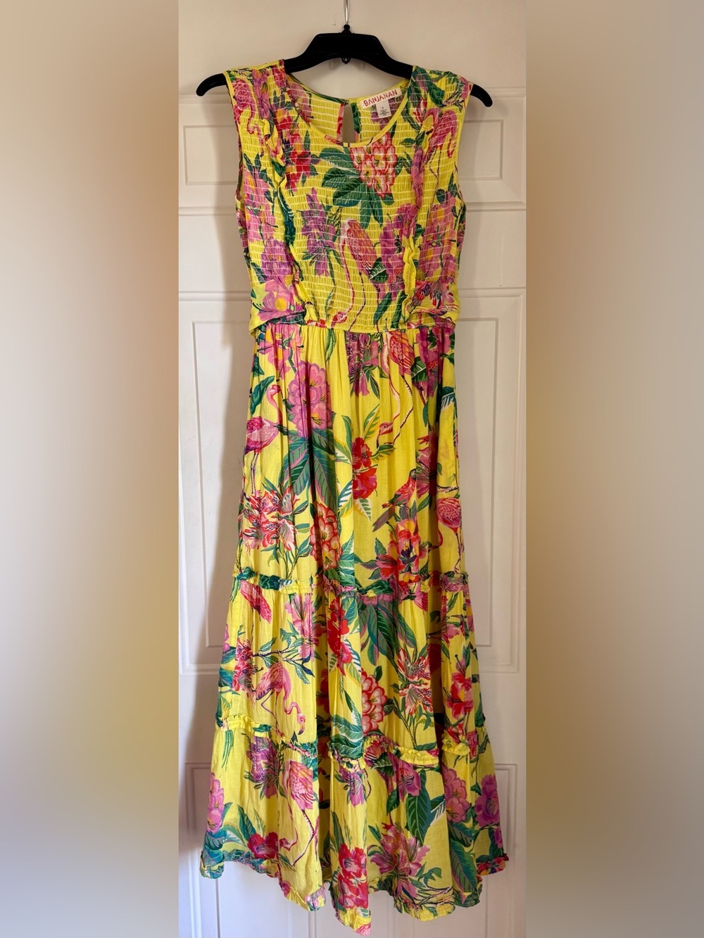 NEW “Banjanan” Yellow Tropical Floral Flamingo Smocked Maxi Dress